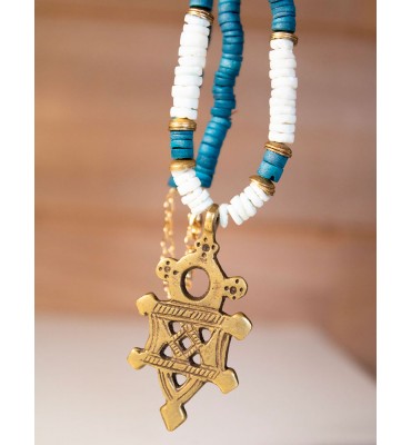 collier croix ethnique bleue sathyne bijoux