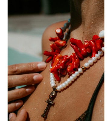 collier corail rouge et perles blanches sathyne