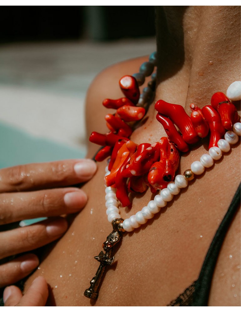 collier corail rouge et perles blanches sathyne